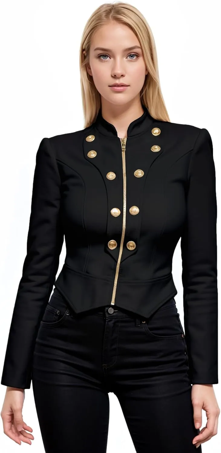 Hybrid & Company Women's Fashion Military Crop Premium Ultra Stretch Gold/Sliver Millennium Zipper Up Dressy Blazer Jacket
