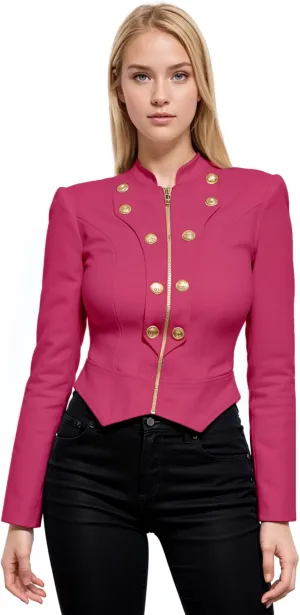 Hybrid & Company Women's Fashion Military Crop Premium Ultra Stretch Gold/Sliver Millennium Zipper Up Dressy Blazer Jacket