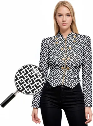 Hybrid & Company Women's Fashion Military Crop Premium Ultra Stretch Gold/Sliver Millennium Zipper Up Dressy Blazer Jacket