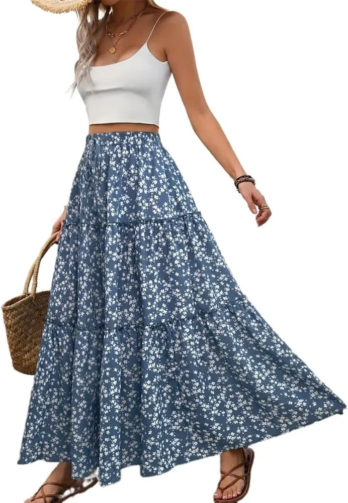 IDEALSANXUN Floral Skirt for Women 2024 Summer Boho Elastic High Waisted Tiered Beach A Line Pleated Long Maxi Skirts