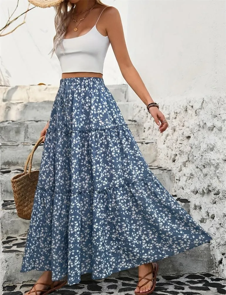 IDEALSANXUN Floral Skirt for Women 2024 Summer Boho Elastic High Waisted Tiered Beach A Line Pleated Long Maxi Skirts