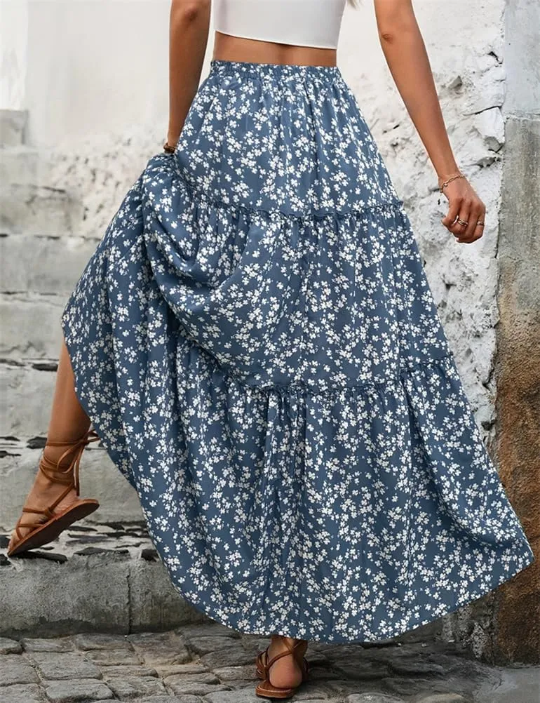 IDEALSANXUN Floral Skirt for Women 2024 Summer Boho Elastic High Waisted Tiered Beach A Line Pleated Long Maxi Skirts