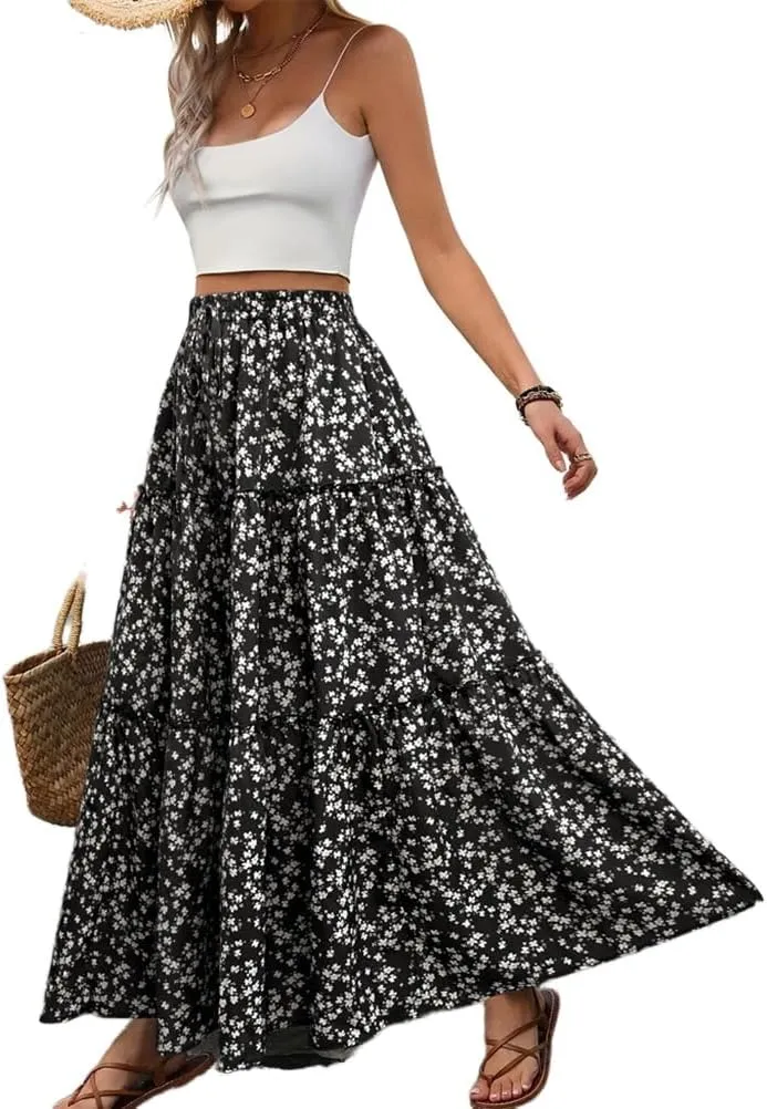 IDEALSANXUN Floral Skirt for Women 2024 Summer Boho Elastic High Waisted Tiered Beach A Line Pleated Long Maxi Skirts