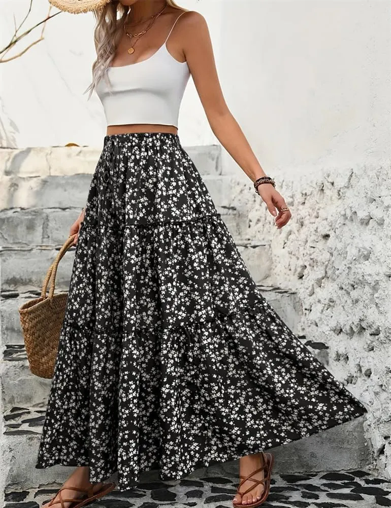 IDEALSANXUN Floral Skirt for Women 2024 Summer Boho Elastic High Waisted Tiered Beach A Line Pleated Long Maxi Skirts