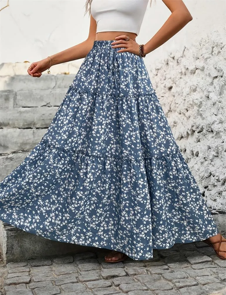 IDEALSANXUN Floral Skirt for Women 2024 Summer Boho Elastic High Waisted Tiered Beach A Line Pleated Long Maxi Skirts