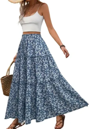 IDEALSANXUN Floral Skirt for Women 2024 Summer Boho Elastic High Waisted Tiered Beach A Line Pleated Long Maxi Skirts