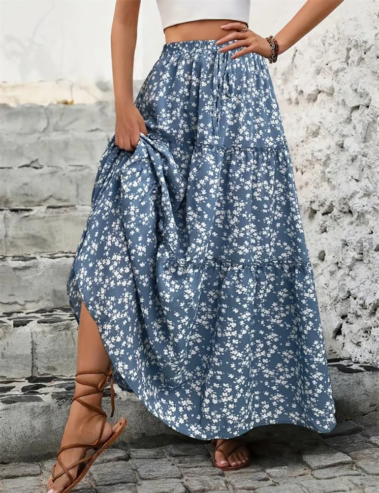 IDEALSANXUN Floral Skirt for Women 2024 Summer Boho Elastic High Waisted Tiered Beach A Line Pleated Long Maxi Skirts