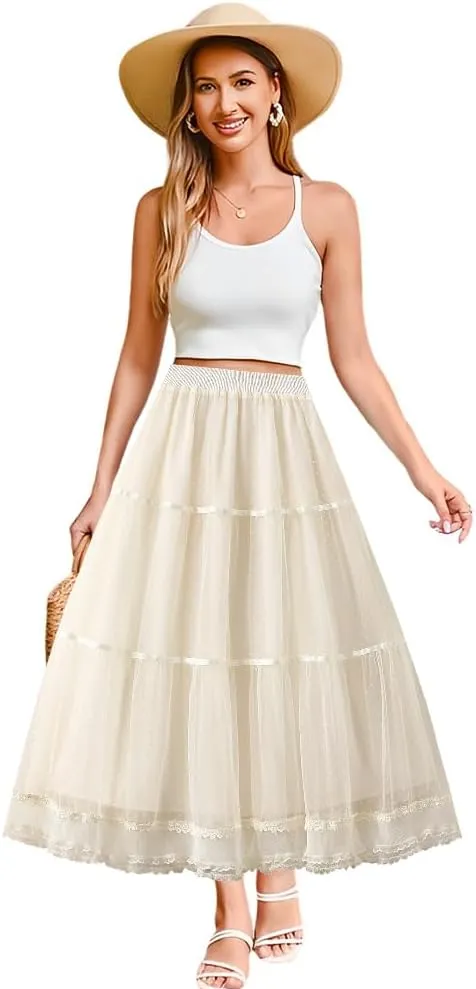 ikasus Women' s Tulle Skirts Midi Polka Dot Skirt Lace Trimmed Skirt Elastic High Waist Pleated A-Line Party Long Tutu Skirt, Apricot