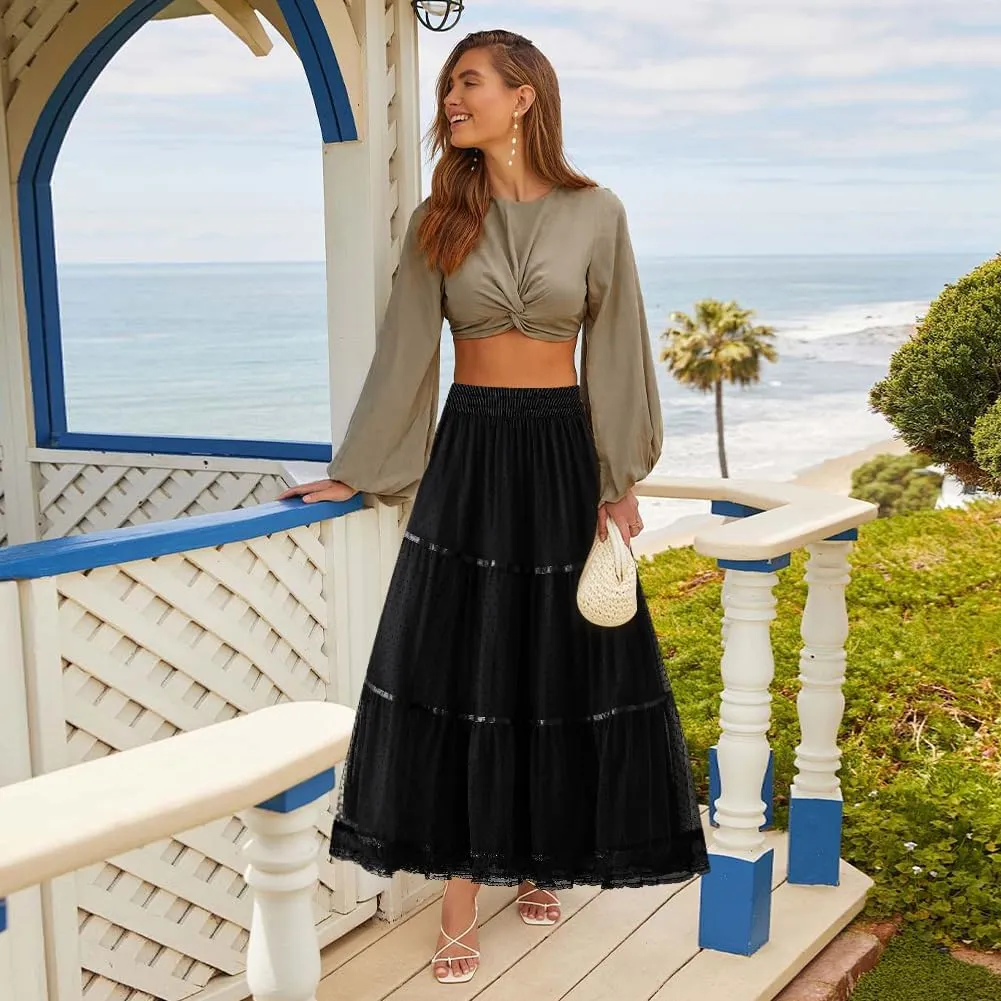 ikasus Women' s Tulle Skirts Midi Polka Dot Skirt Lace Trimmed Skirt Elastic High Waist Pleated A-Line Party Long Tutu Skirt, Apricot