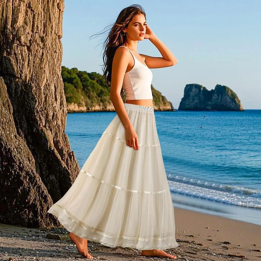 ikasus Women' s Tulle Skirts Midi Polka Dot Skirt Lace Trimmed Skirt Elastic High Waist Pleated A-Line Party Long Tutu Skirt, Apricot