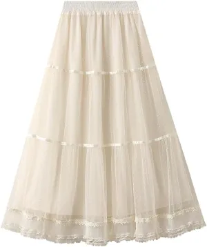 ikasus Women' s Tulle Skirts Midi Polka Dot Skirt Lace Trimmed Skirt Elastic High Waist Pleated A-Line Party Long Tutu Skirt, Apricot