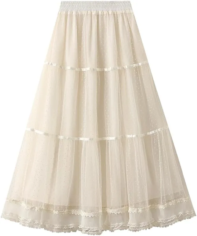 ikasus Women' s Tulle Skirts Midi Polka Dot Skirt Lace Trimmed Skirt Elastic High Waist Pleated A-Line Party Long Tutu Skirt, Apricot