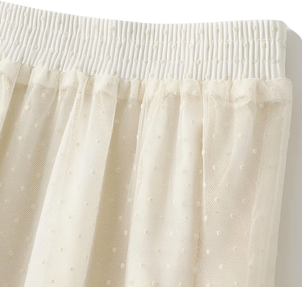 ikasus Women' s Tulle Skirts Midi Polka Dot Skirt Lace Trimmed Skirt Elastic High Waist Pleated A-Line Party Long Tutu Skirt, Apricot
