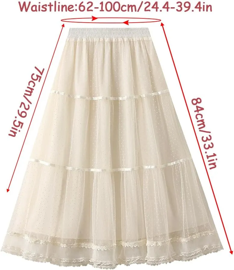 ikasus Women' s Tulle Skirts Midi Polka Dot Skirt Lace Trimmed Skirt Elastic High Waist Pleated A-Line Party Long Tutu Skirt, Apricot