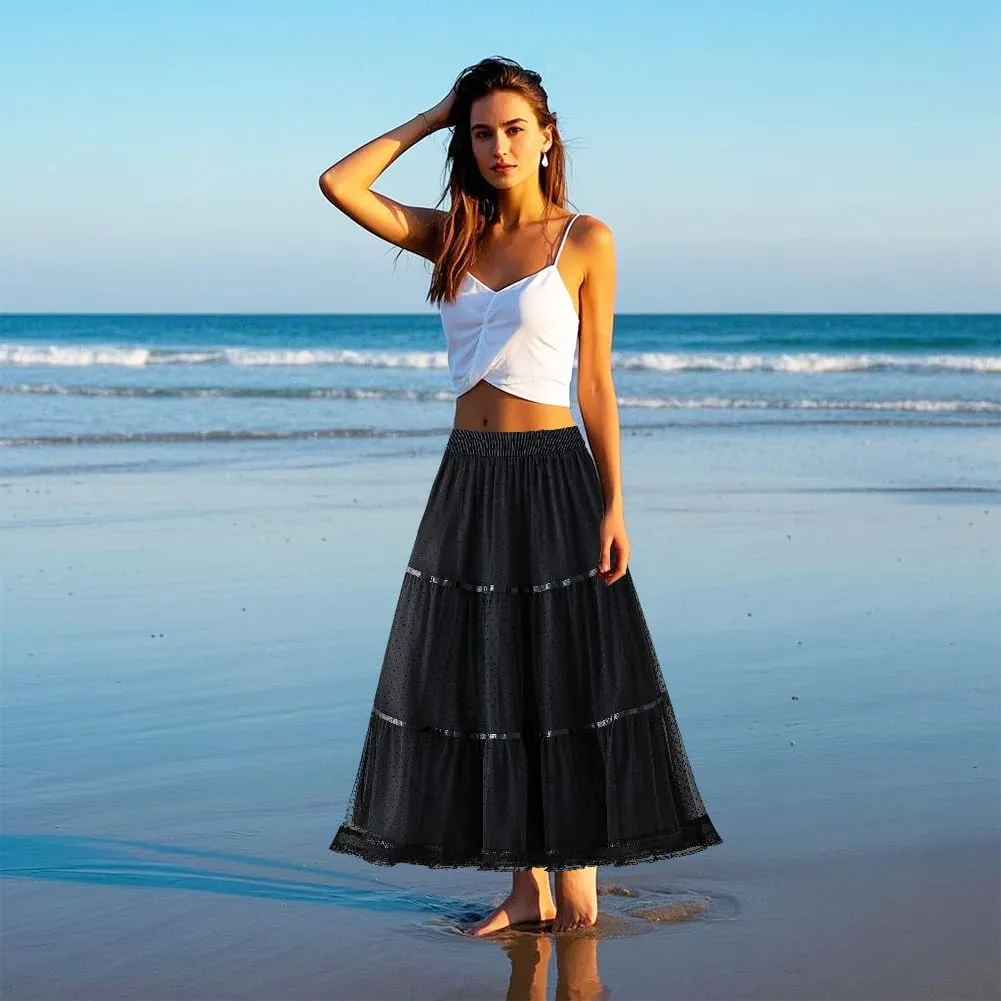 ikasus Women' s Tulle Skirts Midi Polka Dot Skirt Lace Trimmed Skirt Elastic High Waist Pleated A-Line Party Long Tutu Skirt, Apricot