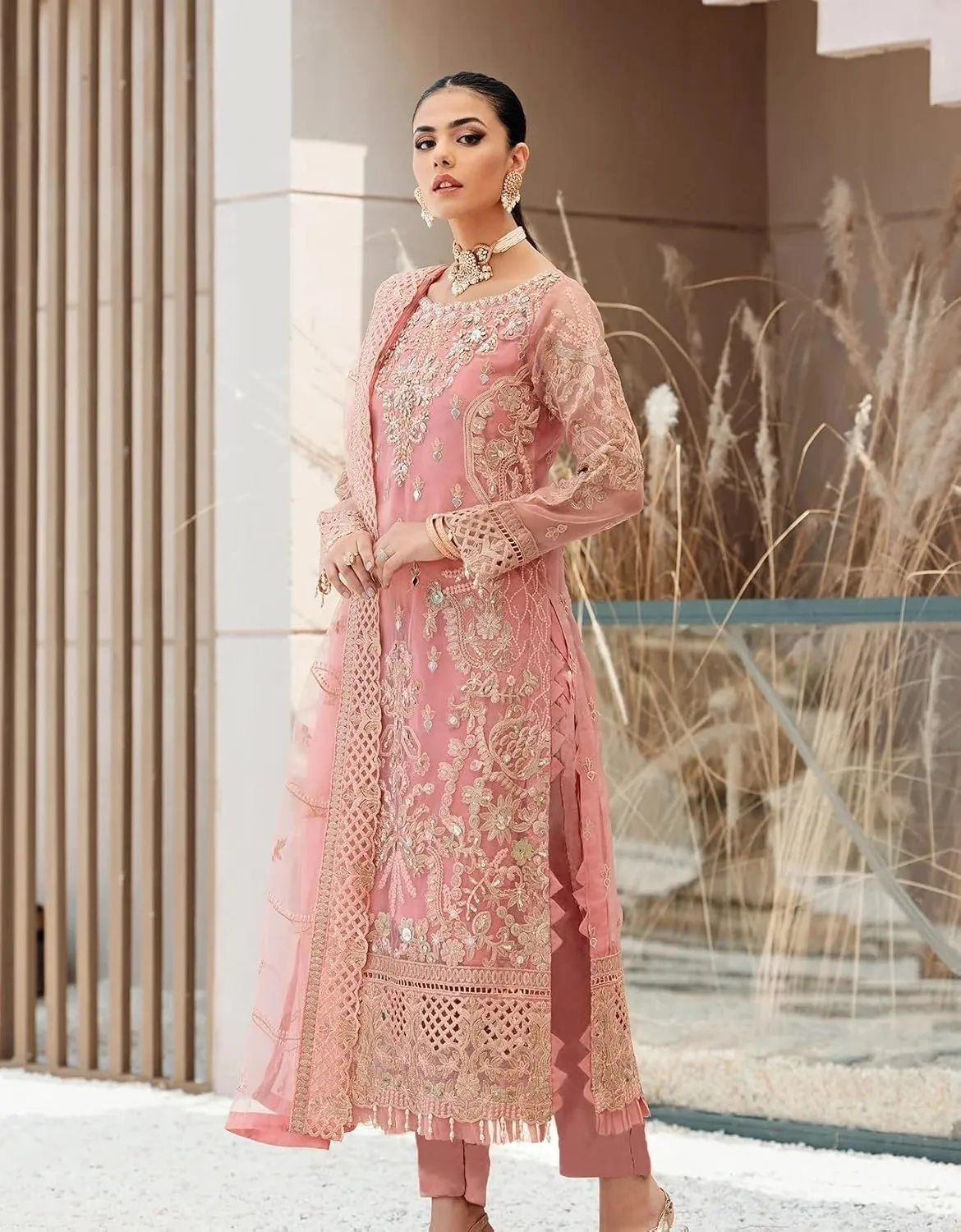 Indian Pakistani Salwar Kameez Pant Suit Embroidery Dresses for Eid Ramadan Festive Party - Kurta, Pant and Dupatta