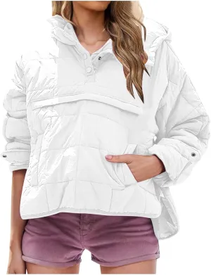 Jackets for Women Oversized Puffer Jacket Lightweight Long Sleeve Warm Quilted Pullover Winter Coat with Pockets