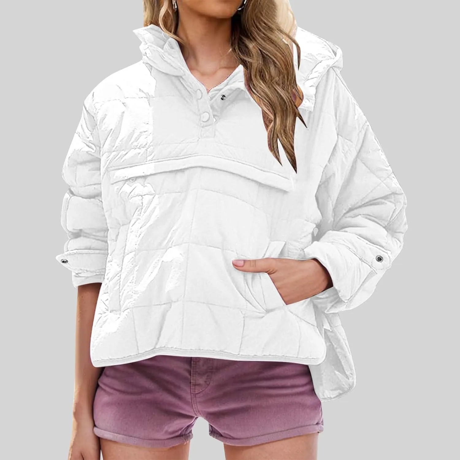 Jackets for Women Oversized Puffer Jacket Lightweight Long Sleeve Warm Quilted Pullover Winter Coat with Pockets