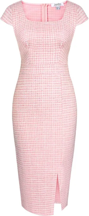JASAMBAC Women's Vintage Midi Pencil Dress Tweed Cap Sleeve Sheath Dress Square Neck Work Dresses
