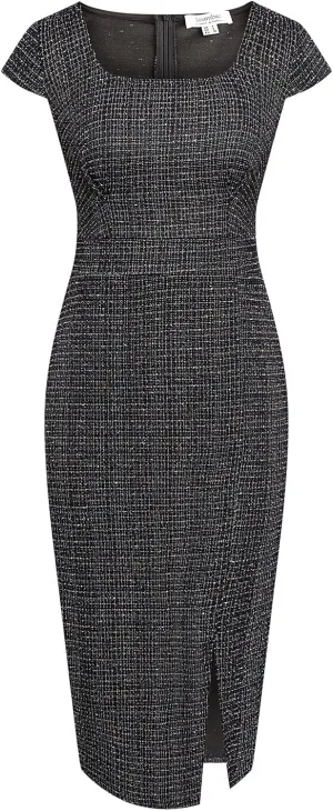 JASAMBAC Women's Vintage Midi Pencil Dress Tweed Cap Sleeve Sheath Dress Square Neck Work Dresses