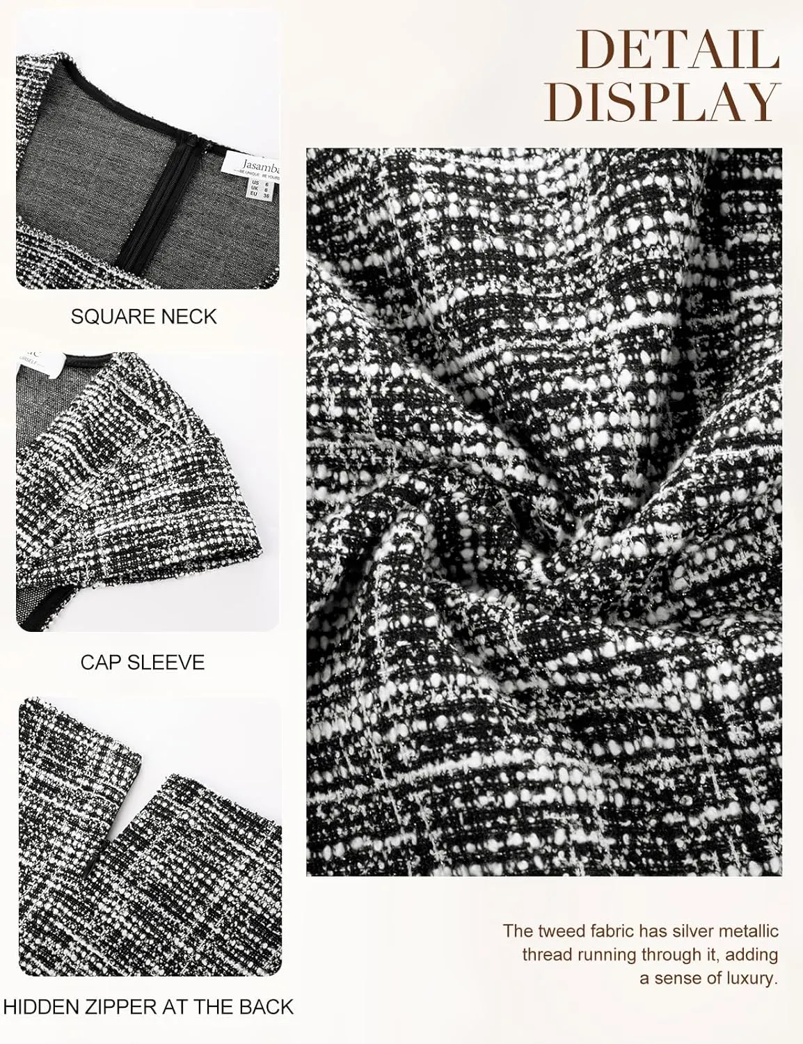 JASAMBAC Women's Vintage Midi Pencil Dress Tweed Cap Sleeve Sheath Dress Square Neck Work Dresses