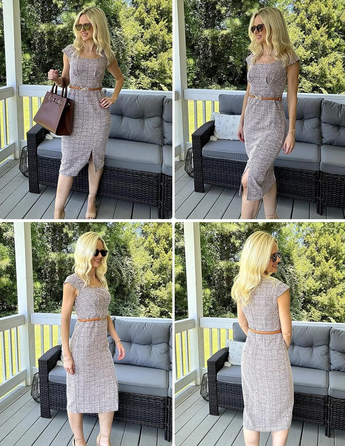 JASAMBAC Women's Vintage Midi Pencil Dress Tweed Cap Sleeve Sheath Dress Square Neck Work Dresses