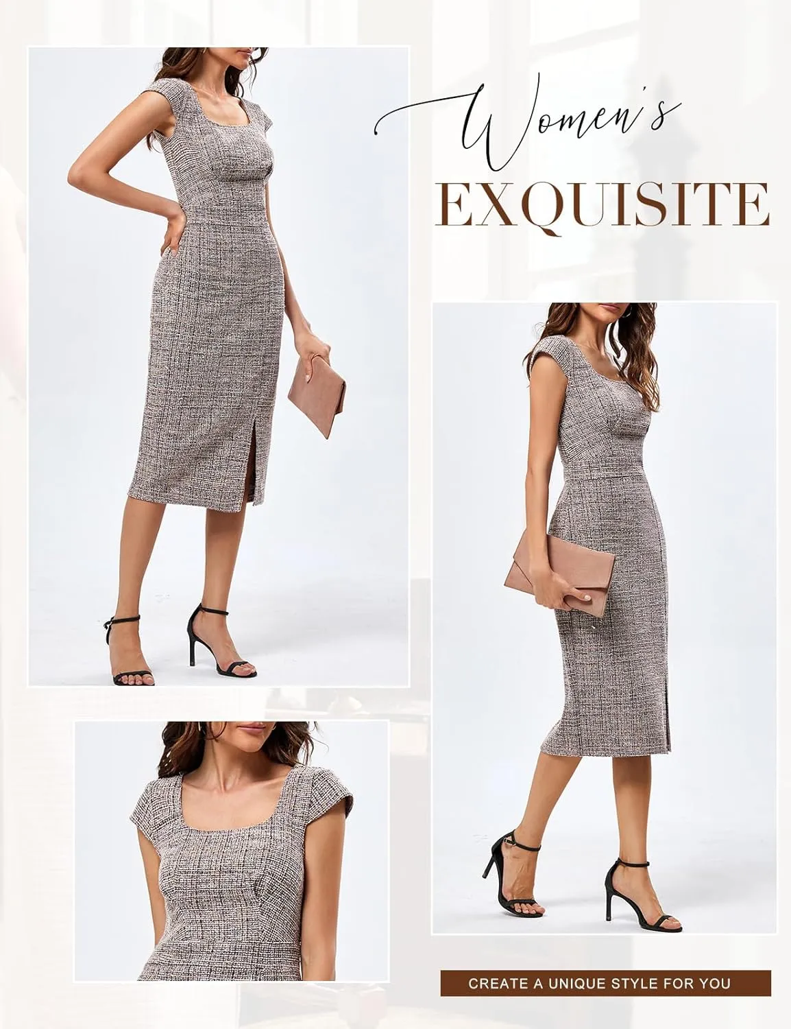 JASAMBAC Women's Vintage Midi Pencil Dress Tweed Cap Sleeve Sheath Dress Square Neck Work Dresses