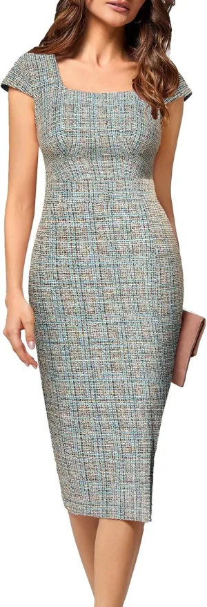 JASAMBAC Women's Vintage Midi Pencil Dress Tweed Cap Sleeve Sheath Dress Square Neck Work Dresses