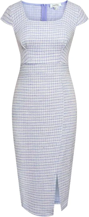 JASAMBAC Women's Vintage Midi Pencil Dress Tweed Cap Sleeve Sheath Dress Square Neck Work Dresses