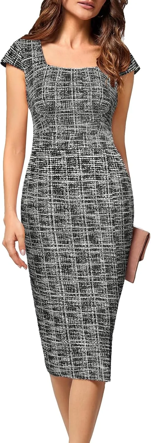 JASAMBAC Women's Vintage Midi Pencil Dress Tweed Cap Sleeve Sheath Dress Square Neck Work Dresses