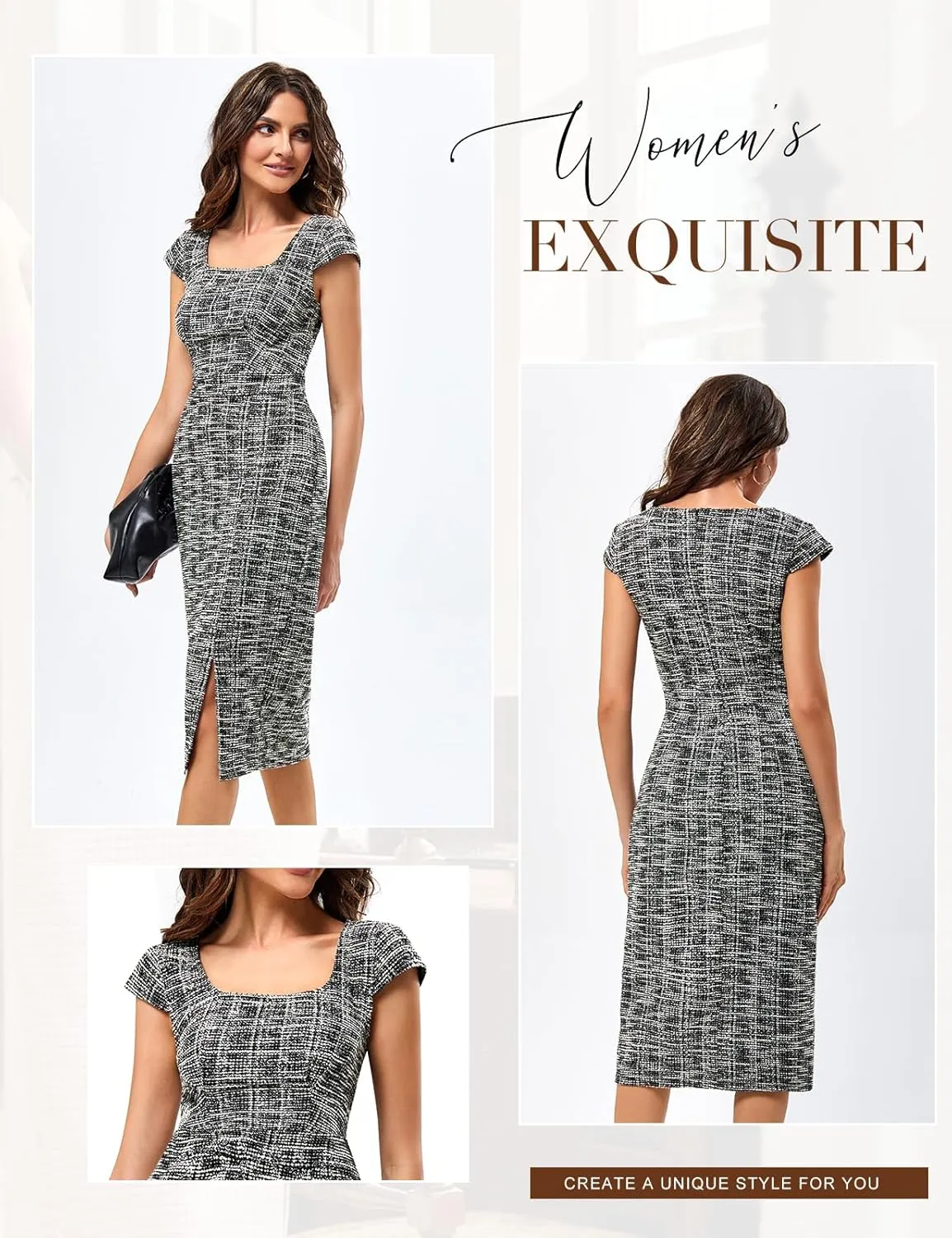 JASAMBAC Women's Vintage Midi Pencil Dress Tweed Cap Sleeve Sheath Dress Square Neck Work Dresses