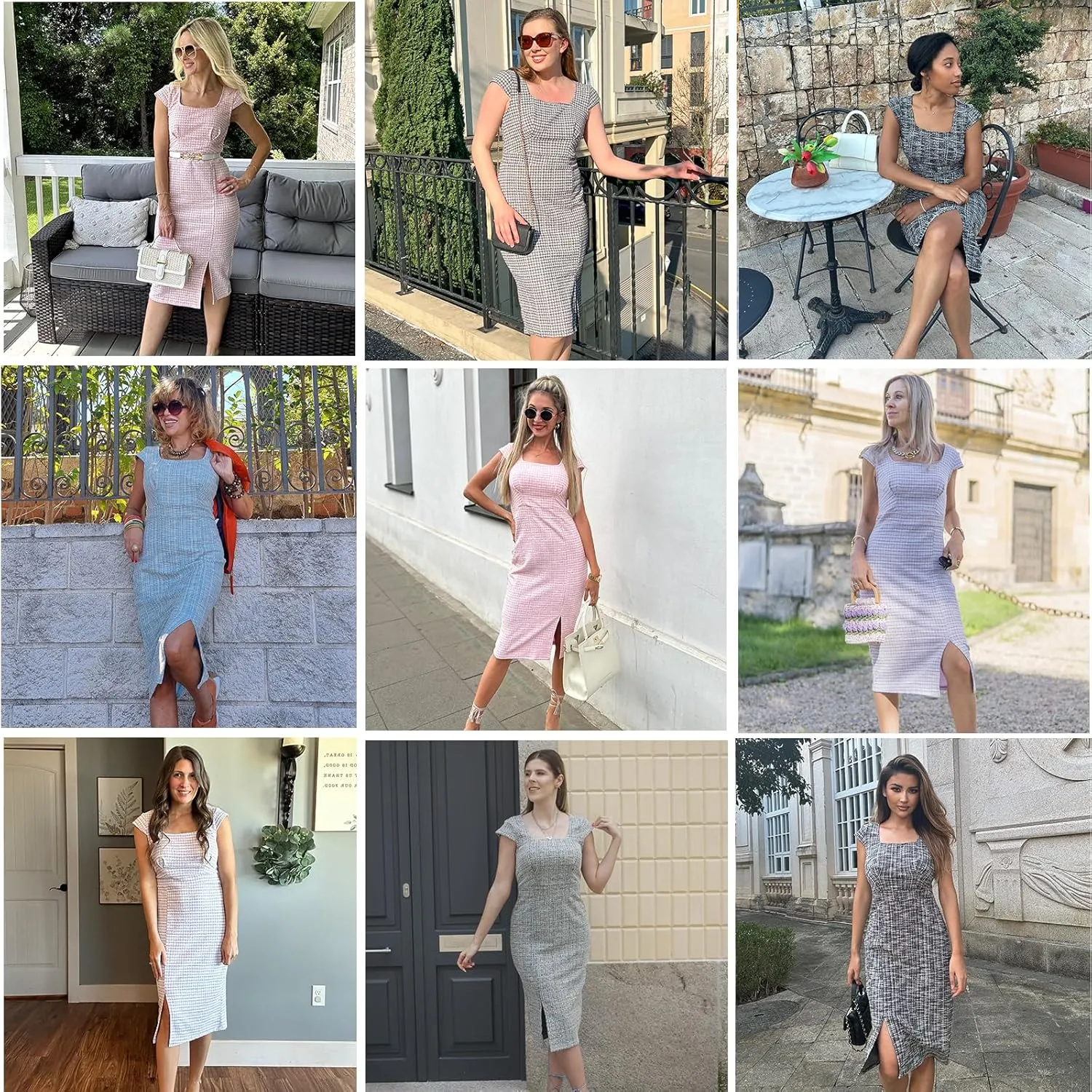 JASAMBAC Women's Vintage Midi Pencil Dress Tweed Cap Sleeve Sheath Dress Square Neck Work Dresses