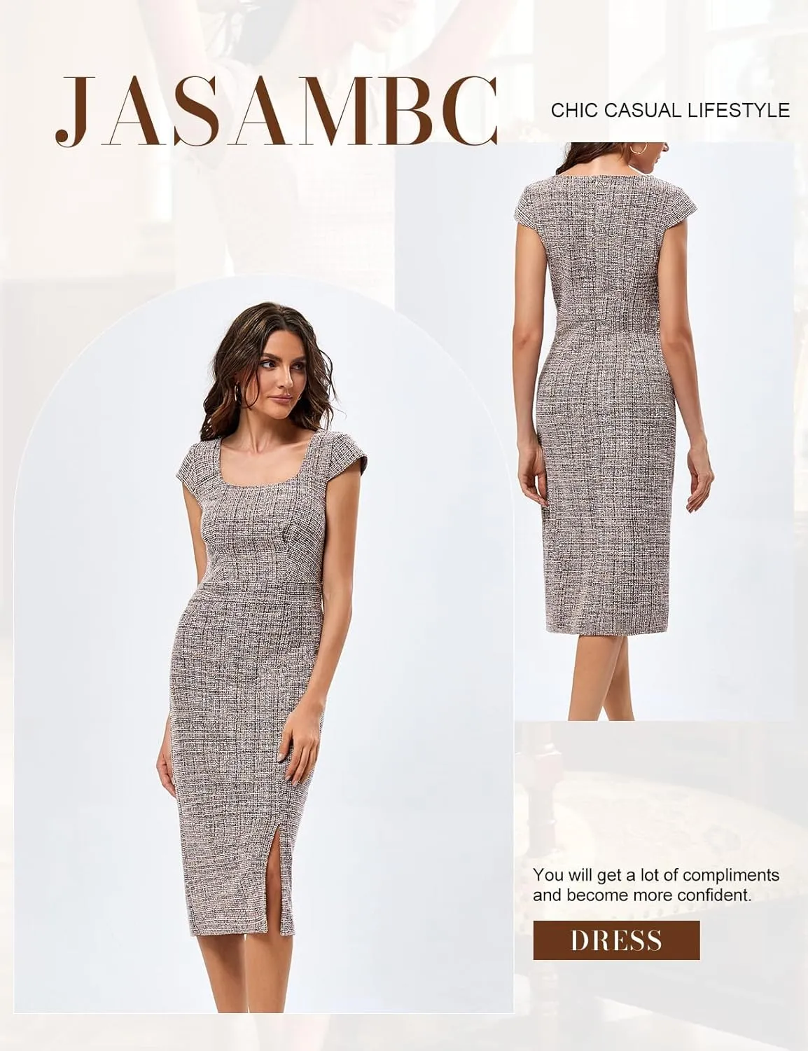JASAMBAC Women's Vintage Midi Pencil Dress Tweed Cap Sleeve Sheath Dress Square Neck Work Dresses