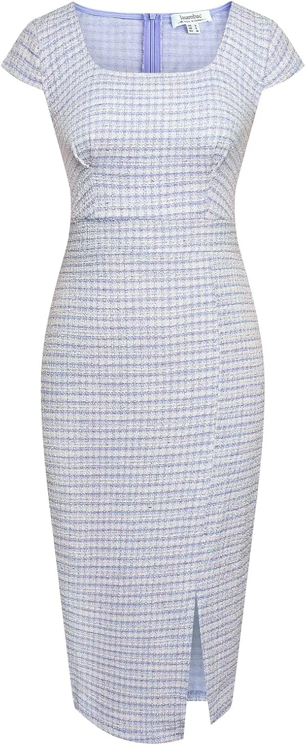 JASAMBAC Women's Vintage Midi Pencil Dress Tweed Cap Sleeve Sheath Dress Square Neck Work Dresses