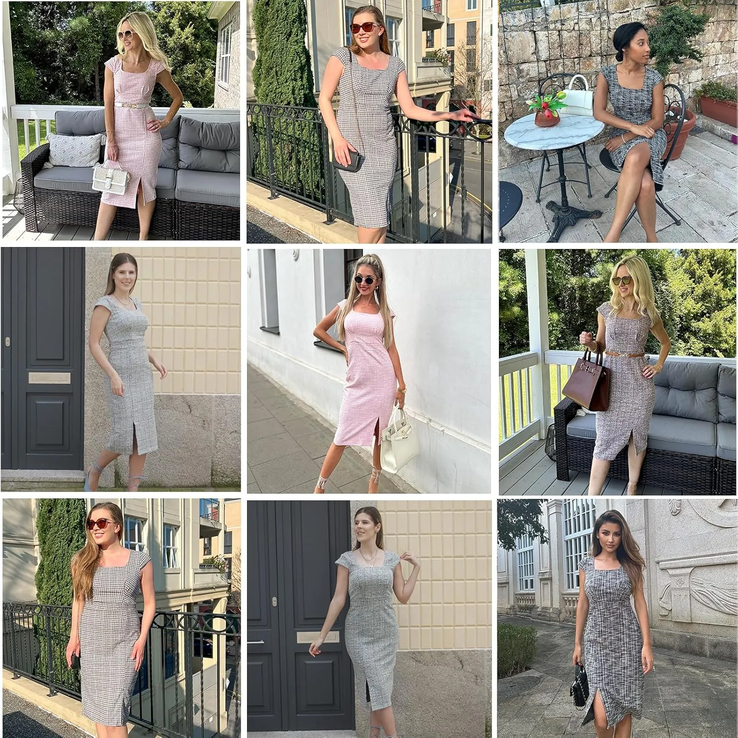 JASAMBAC Women's Vintage Midi Pencil Dress Tweed Cap Sleeve Sheath Dress Square Neck Work Dresses