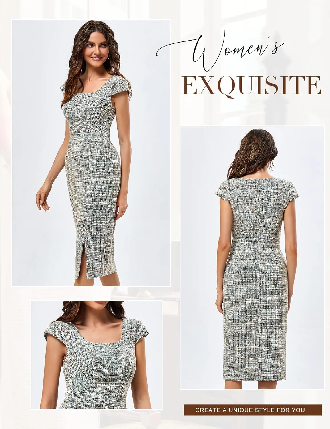 JASAMBAC Women's Vintage Midi Pencil Dress Tweed Cap Sleeve Sheath Dress Square Neck Work Dresses