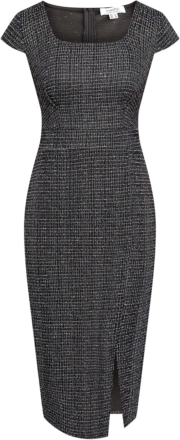 JASAMBAC Women's Vintage Midi Pencil Dress Tweed Cap Sleeve Sheath Dress Square Neck Work Dresses