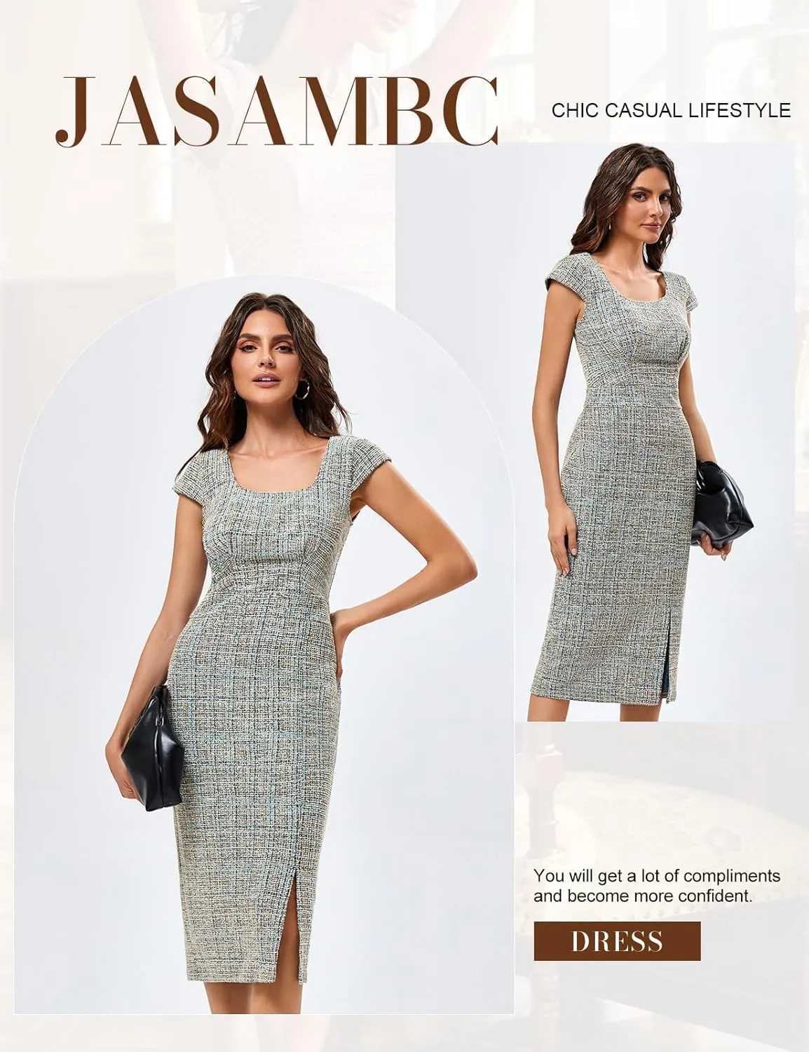 JASAMBAC Women's Vintage Midi Pencil Dress Tweed Cap Sleeve Sheath Dress Square Neck Work Dresses