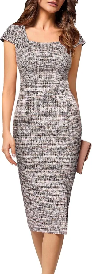 JASAMBAC Women's Vintage Midi Pencil Dress Tweed Cap Sleeve Sheath Dress Square Neck Work Dresses
