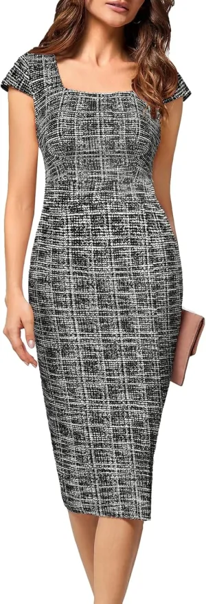 JASAMBAC Women's Vintage Midi Pencil Dress Tweed Cap Sleeve Sheath Dress Square Neck Work Dresses