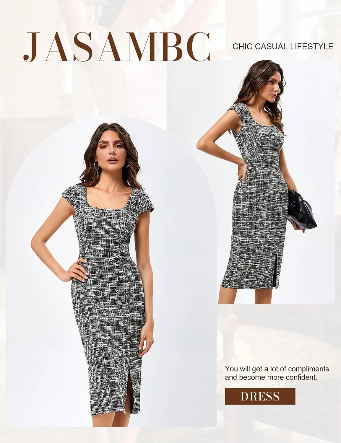JASAMBAC Women's Vintage Midi Pencil Dress Tweed Cap Sleeve Sheath Dress Square Neck Work Dresses