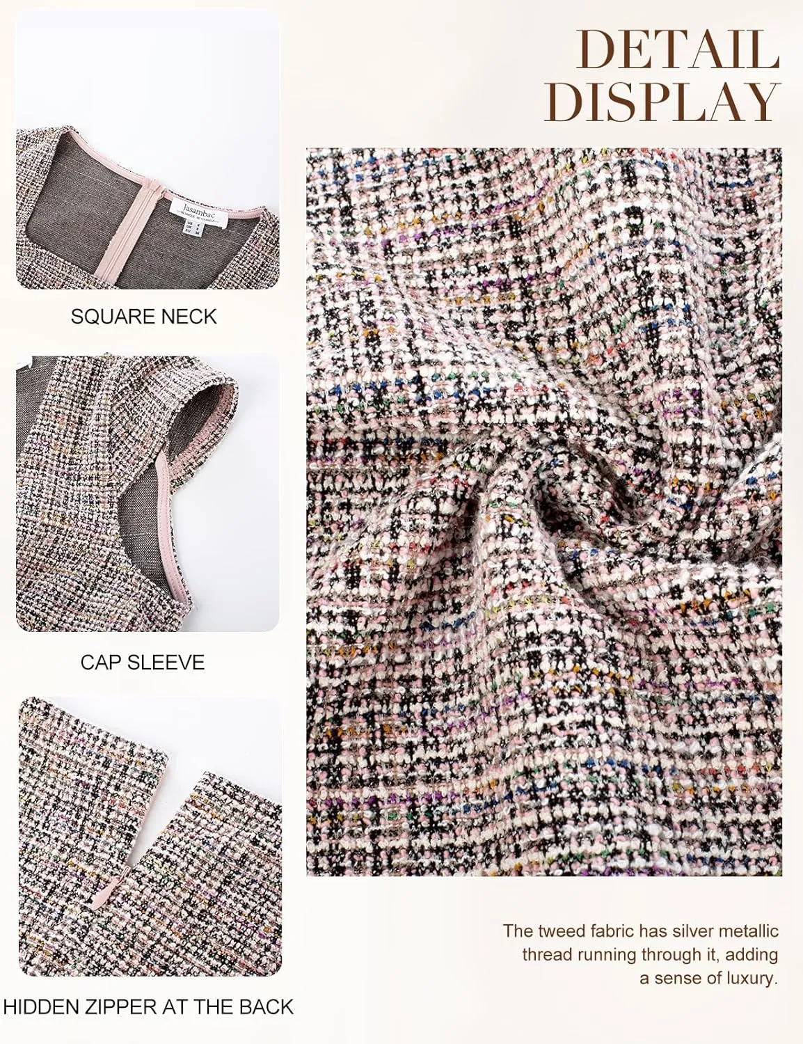 JASAMBAC Women's Vintage Midi Pencil Dress Tweed Cap Sleeve Sheath Dress Square Neck Work Dresses