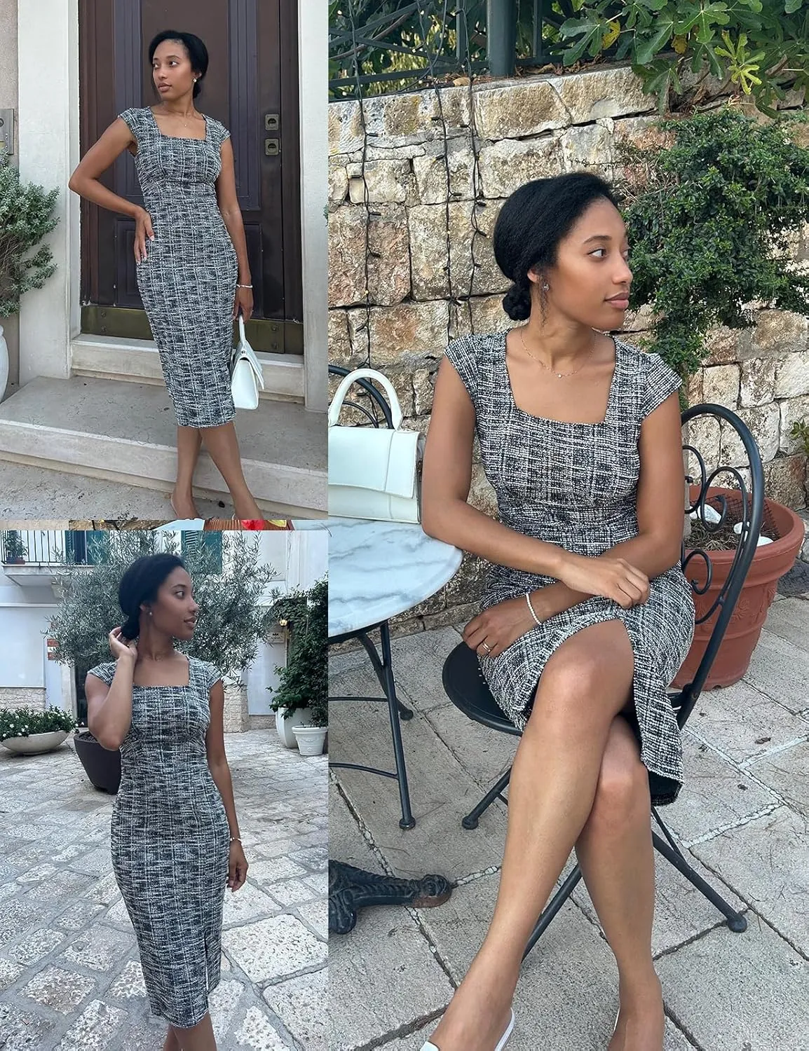 JASAMBAC Women's Vintage Midi Pencil Dress Tweed Cap Sleeve Sheath Dress Square Neck Work Dresses