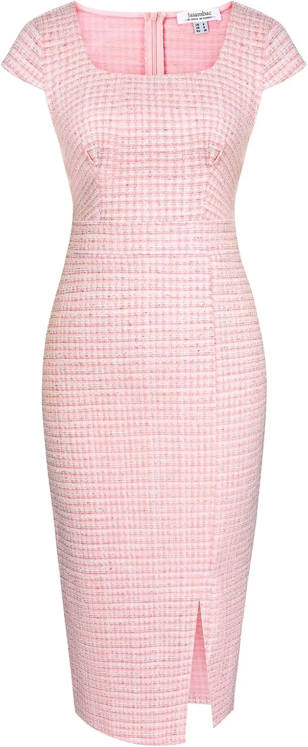 JASAMBAC Women's Vintage Midi Pencil Dress Tweed Cap Sleeve Sheath Dress Square Neck Work Dresses