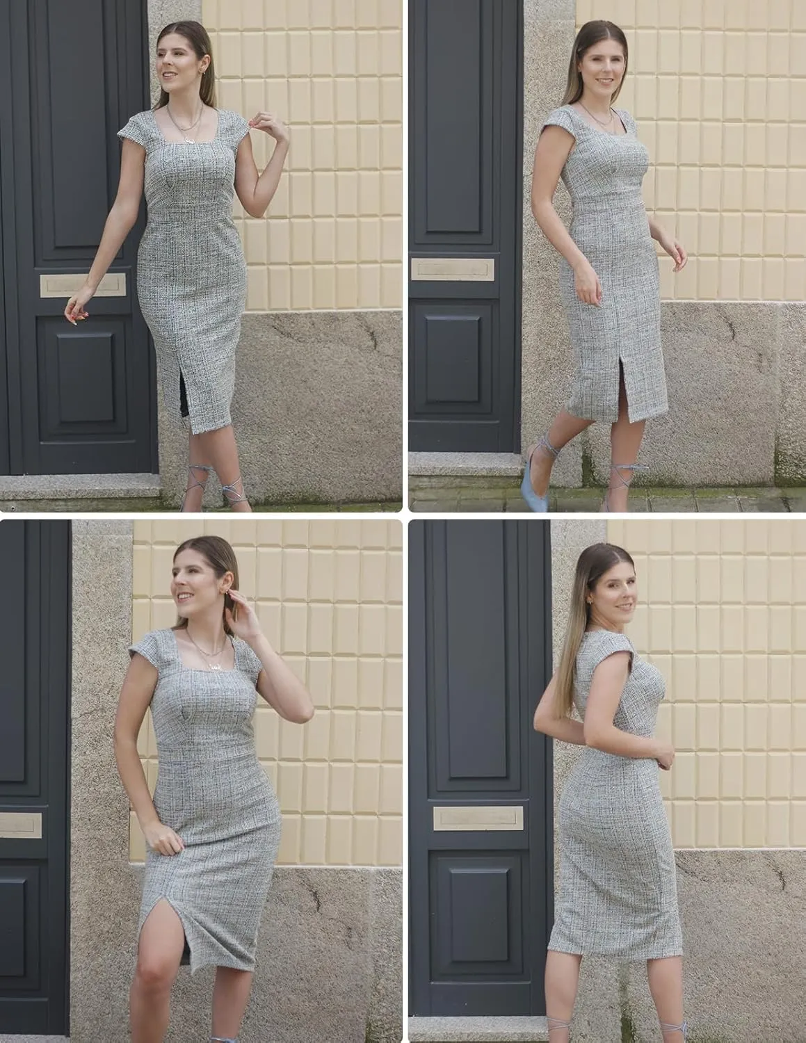 JASAMBAC Women's Vintage Midi Pencil Dress Tweed Cap Sleeve Sheath Dress Square Neck Work Dresses