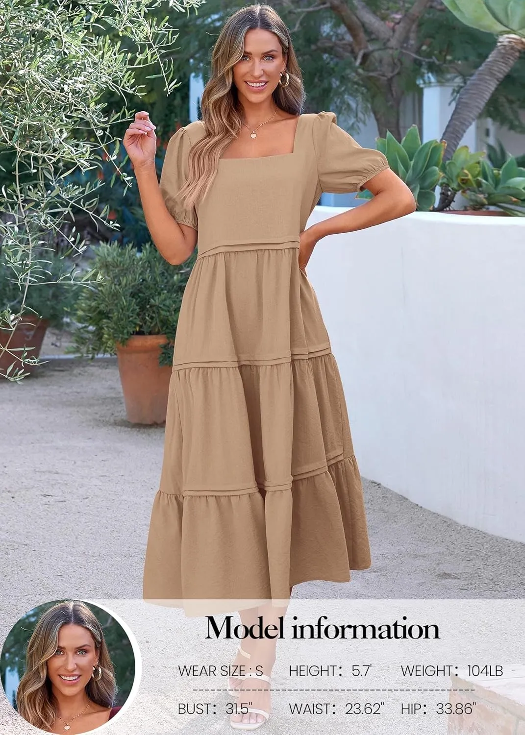 KIRUNDO Women Summer Dresses 2024 Spring Fashion Boho Puff Sleeve Square Neck Pocketed Loose Fit Tiered Flowy Maxi Dress
