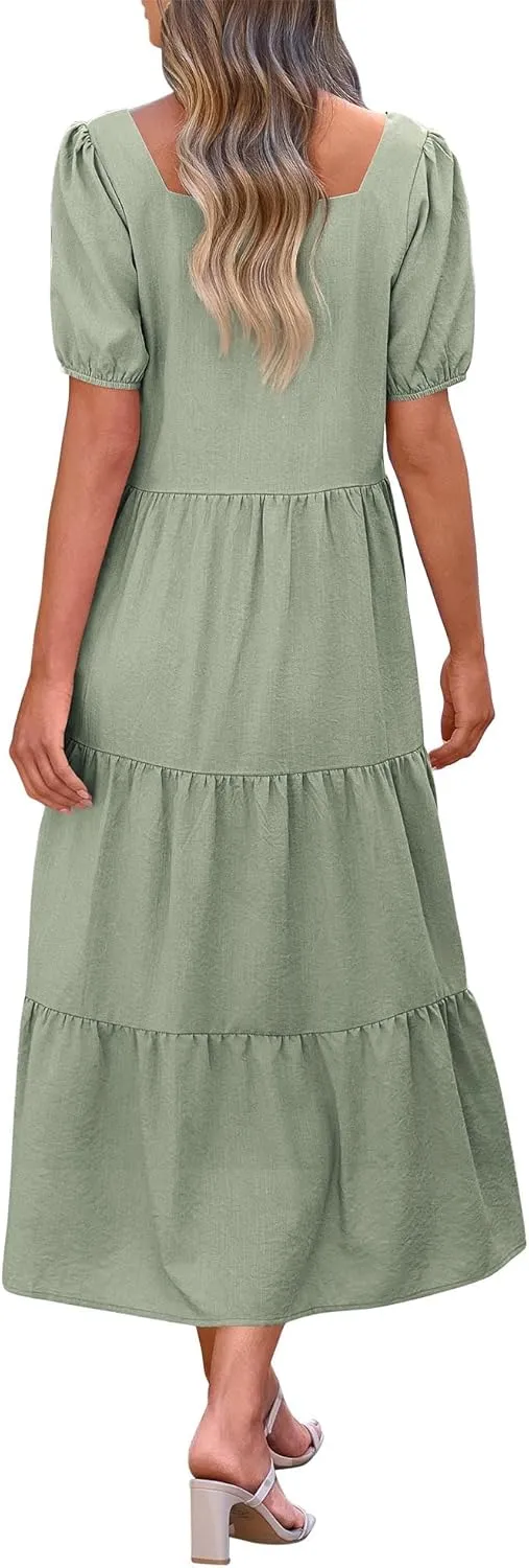KIRUNDO Women Summer Dresses 2024 Spring Fashion Boho Puff Sleeve Square Neck Pocketed Loose Fit Tiered Flowy Maxi Dress