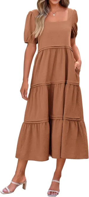 KIRUNDO Women Summer Dresses 2024 Spring Fashion Boho Puff Sleeve Square Neck Pocketed Loose Fit Tiered Flowy Maxi Dress