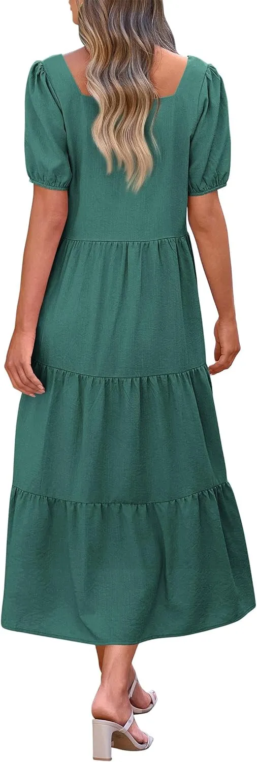 KIRUNDO Women Summer Dresses 2024 Spring Fashion Boho Puff Sleeve Square Neck Pocketed Loose Fit Tiered Flowy Maxi Dress