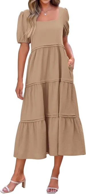 KIRUNDO Women Summer Dresses 2024 Spring Fashion Boho Puff Sleeve Square Neck Pocketed Loose Fit Tiered Flowy Maxi Dress